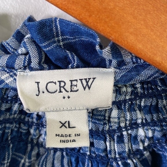 J Crew Plaid Smocked Ruffleneck Top Ansley Blue Wash Ballon 3/4 Sleeve High Neck - Picture 5 of 16